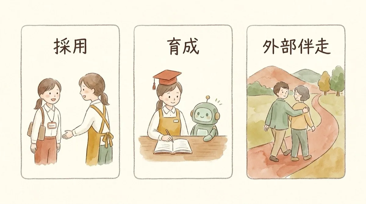 図解：AI内製を回す人材の3つの確保策（採用・育成・外部伴走）