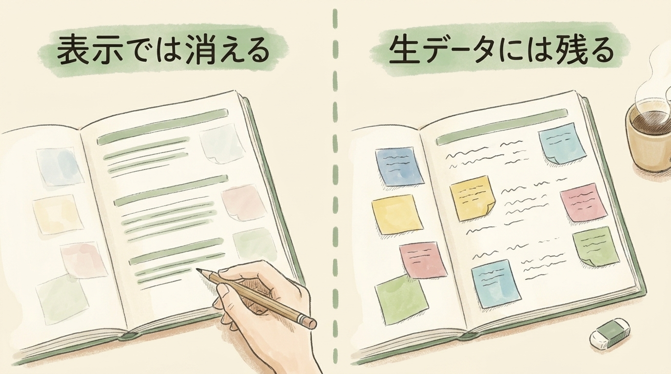 図解：表示では消える情報が、生データには残っている