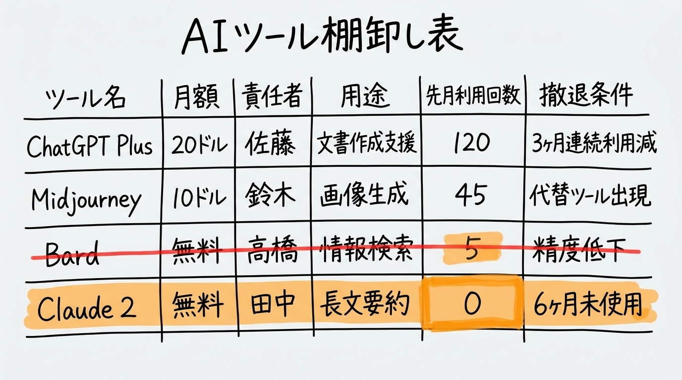 AIツール棚卸し表の例 — ツール名・月額・責任者・用途・利用回数・撤退条件