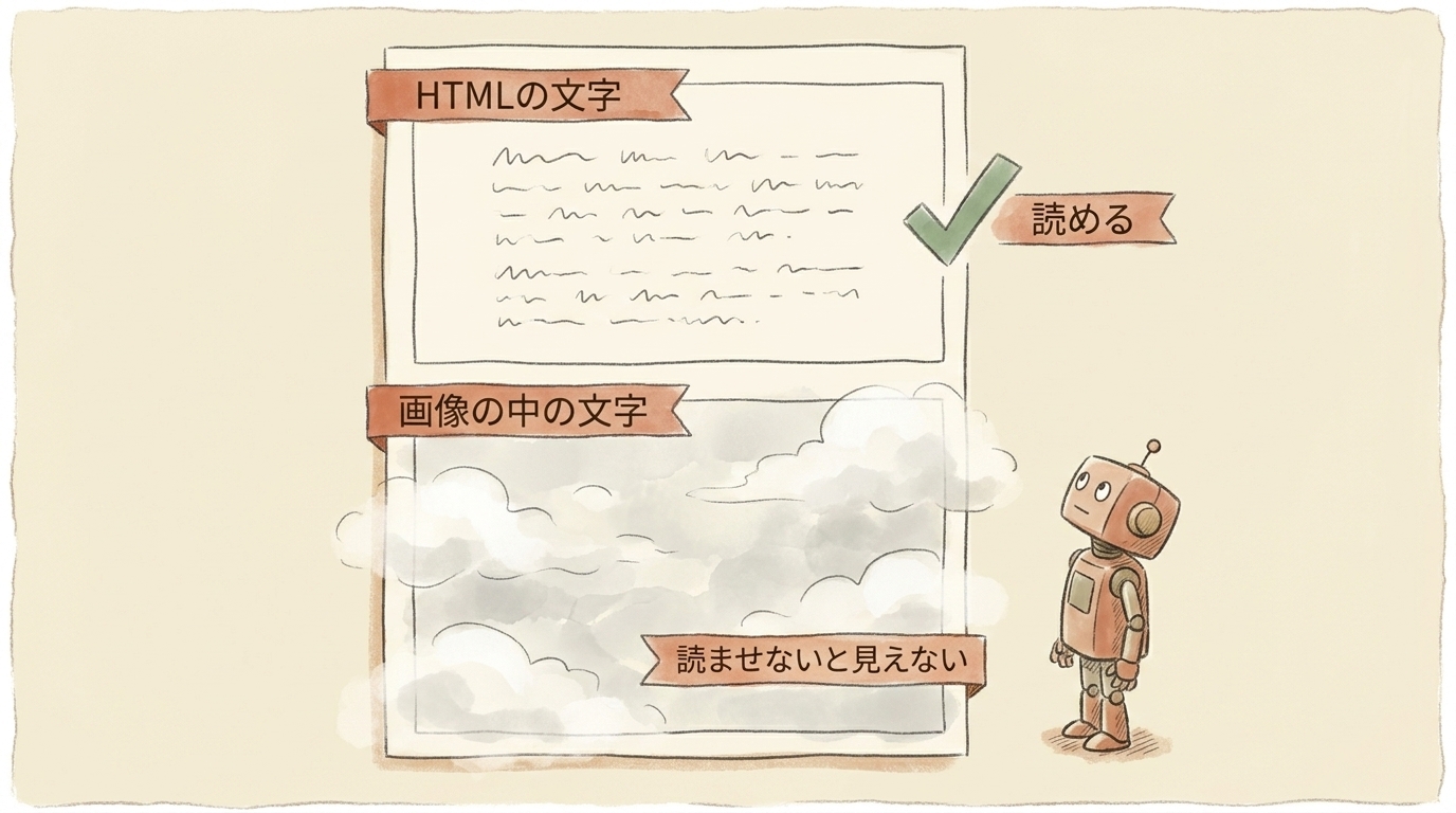 図解:HTMLの文字はAIに読めるが、画像の中の文字は読ませないと見えない