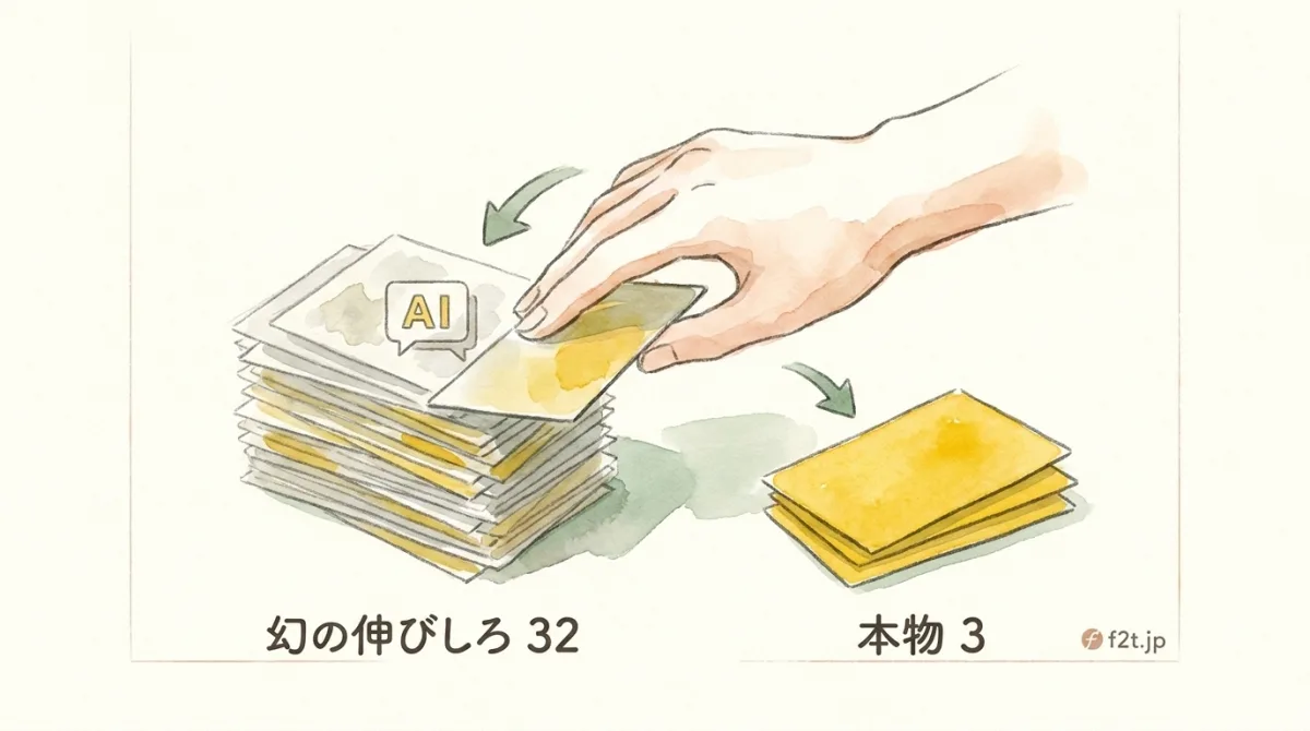 図解：伸びしろ候補35件のうち、32件はAIに食われた幻の伸びしろ、本物はわずか3件