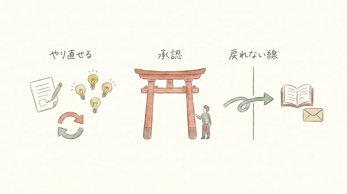 図解：やり直せる作業はAIに任せ、外に出る「戻れない線」の手前に承認を一点だけ置く