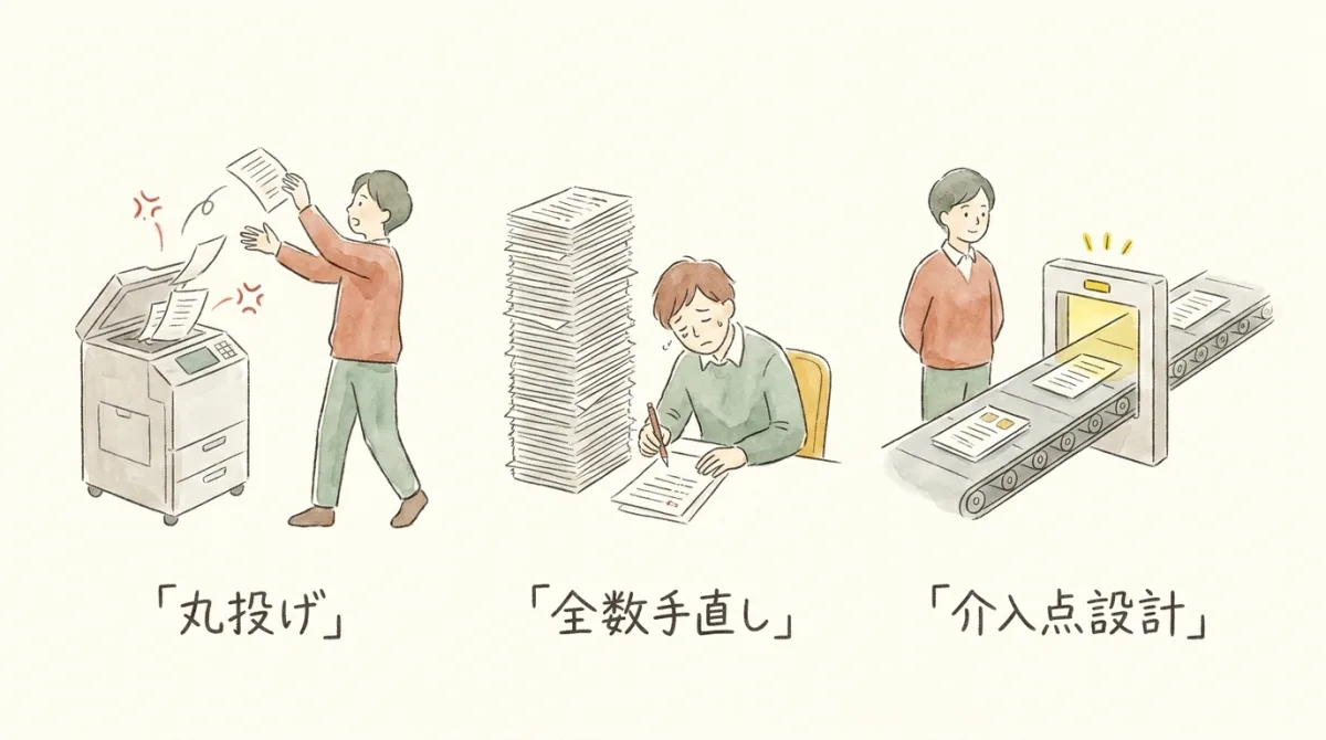 図解：AIの使い方は「丸投げ」「全数手直し」「介入点設計」の3つに分かれる