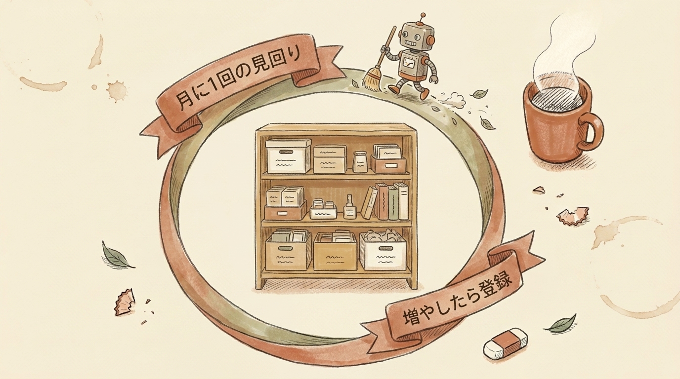 図解：月に1回の見回りと「増やしたら登録」のループ