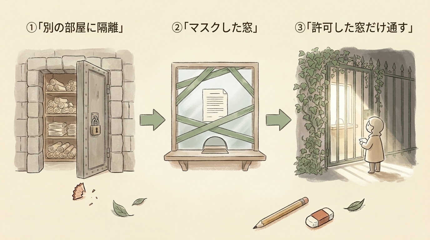 図解：外部共有の3点セット。別の部屋に隔離・マスクした窓・許可した窓だけ通す