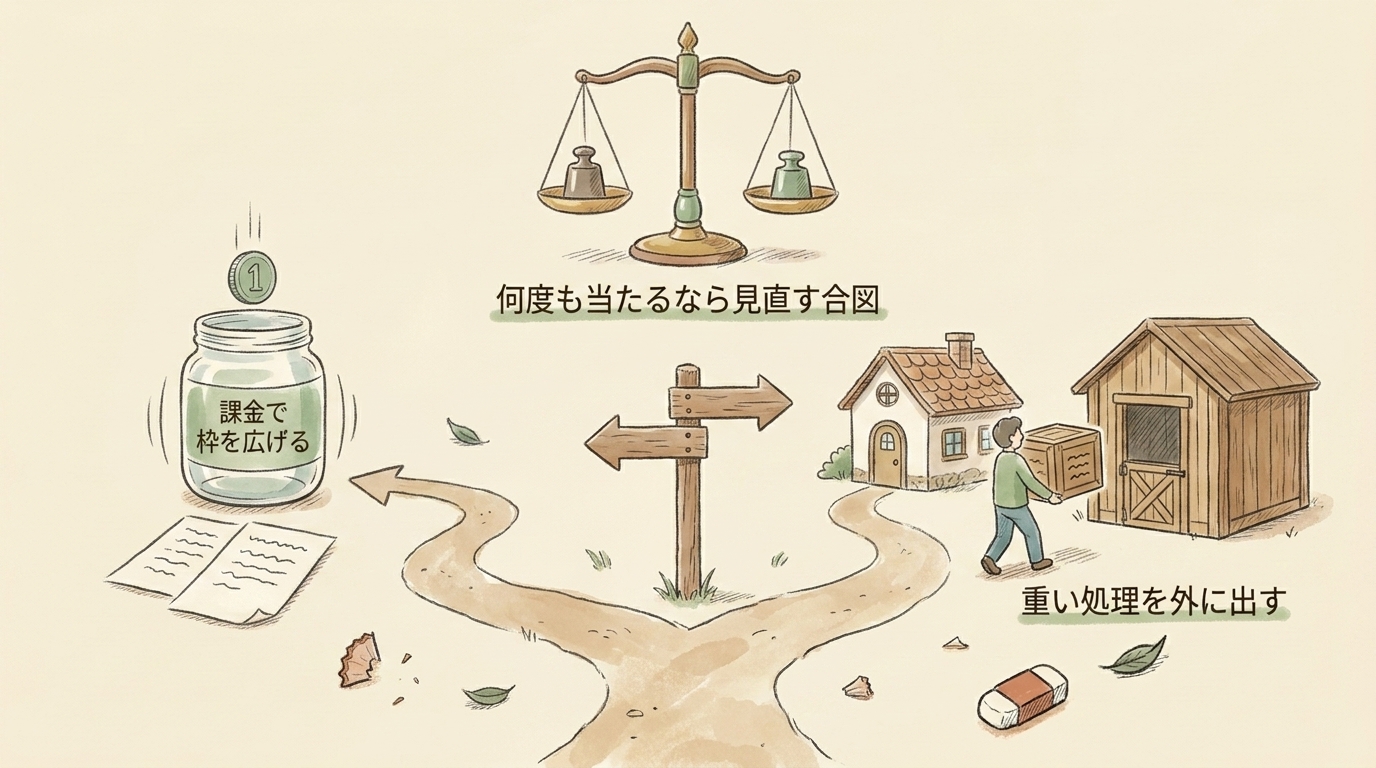 図解：何度も上限に当たるなら、課金で枠を広げるか重い処理を外に出すかの分かれ道
