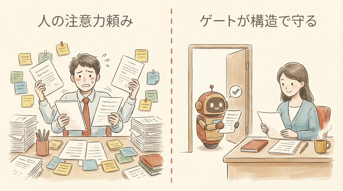 図解:人の注意力頼みから、ゲートが構造で守る状態へ