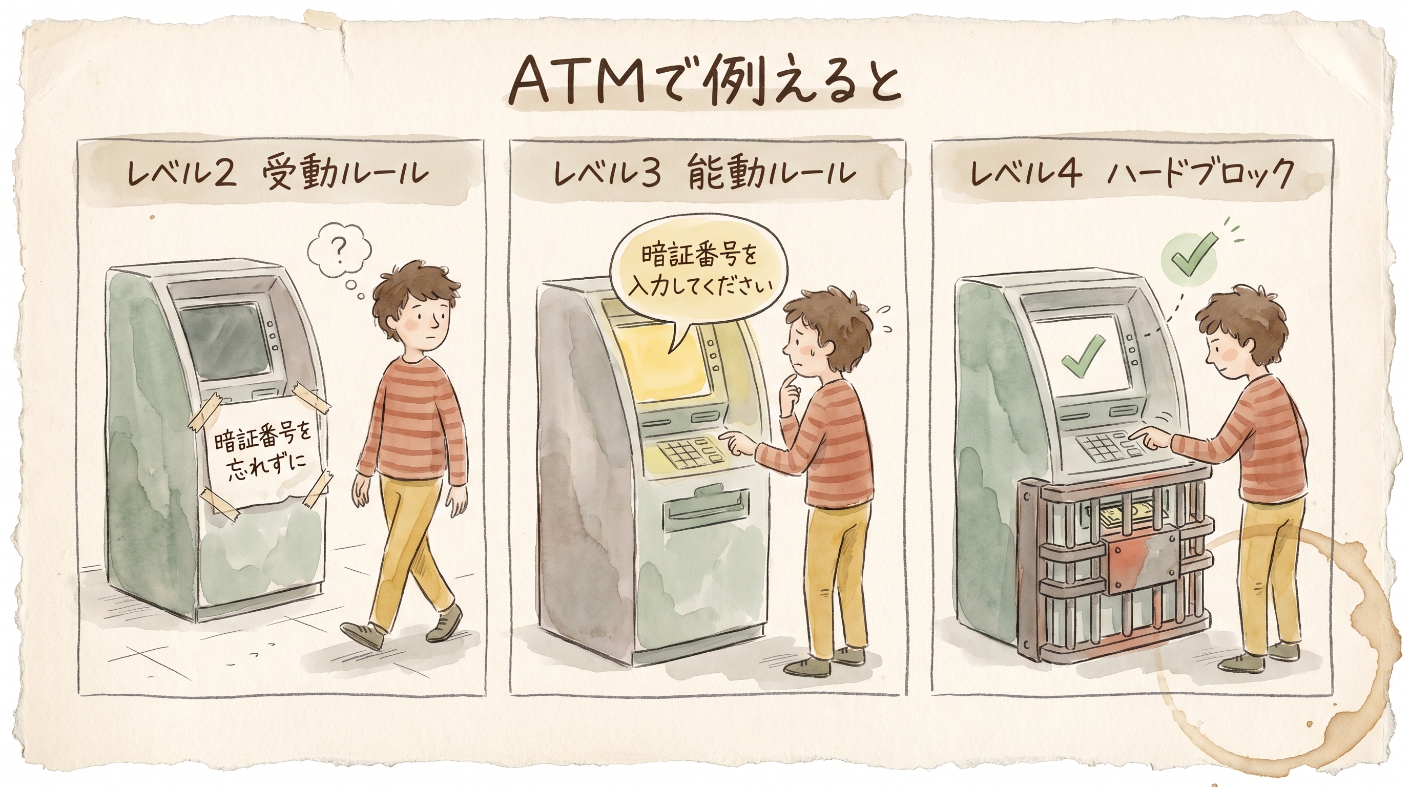 ATMで例えるルールの強度 — 受動・能動・ハードブロックの違い