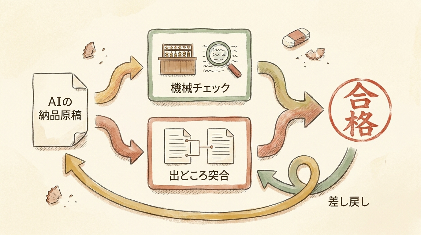 図解:検収の2本立て。AIの納品原稿を機械チェックと出どころ突合にかけ、通れば合格・引っかかれば差し戻し