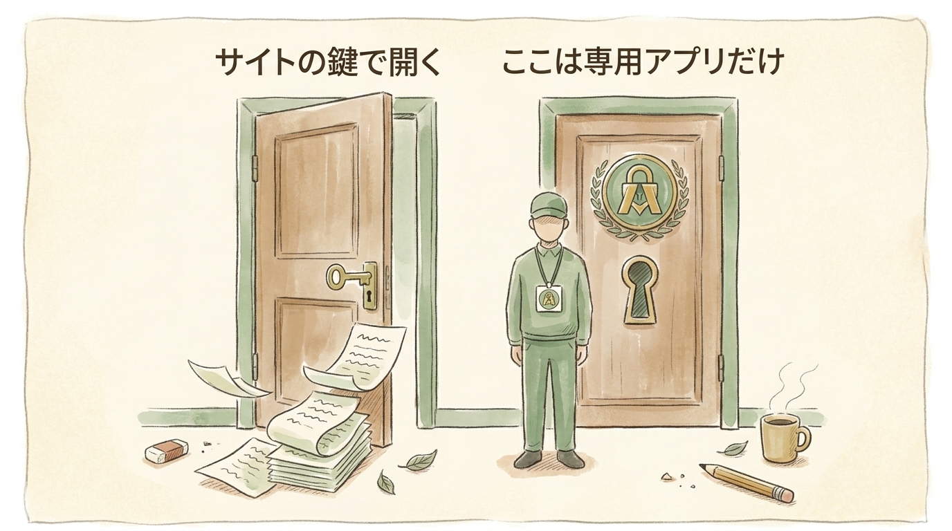 図解：サイトの鍵で開く扉と、専用アプリの紋章が要る扉は別物