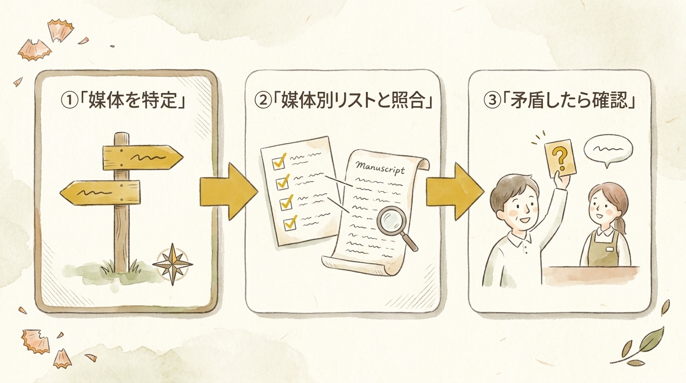 図解：チェックフロー3ステップ。媒体を特定→媒体別リストと照合→矛盾したら確認