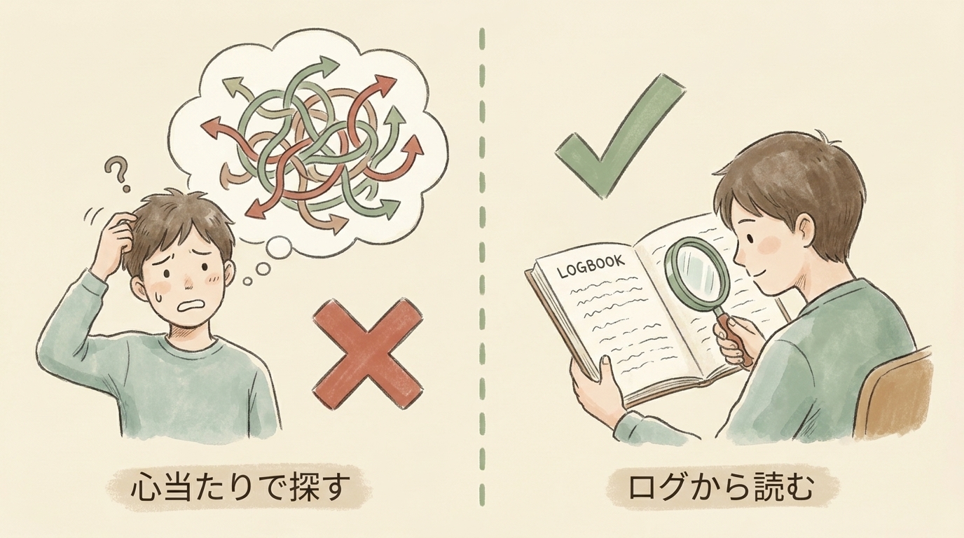 図解：心当たりで探すのではなく、ログから読む