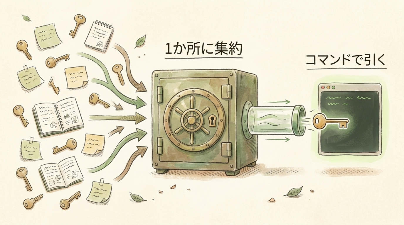 図解：散らばった鍵を1か所の金庫に集約し、コマンドで引く