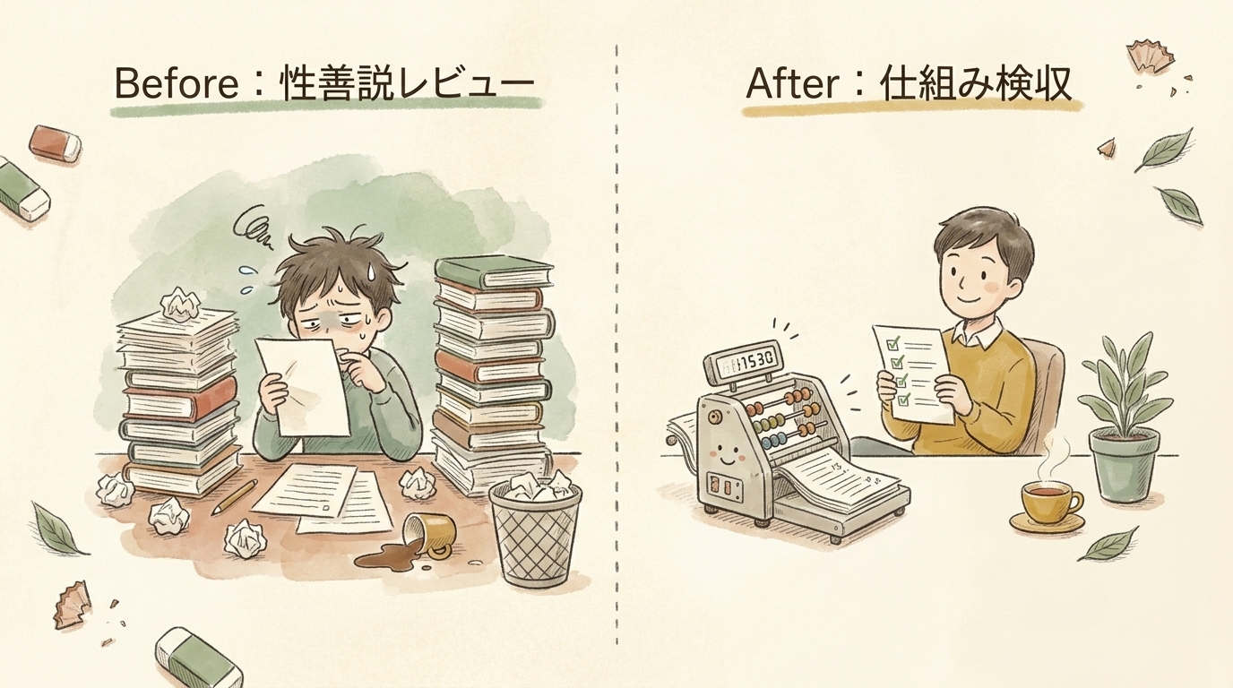 図解:Before=性善説レビューで全文を読んで疲弊、After=仕組み検収で機械が数え人は要点だけ見る