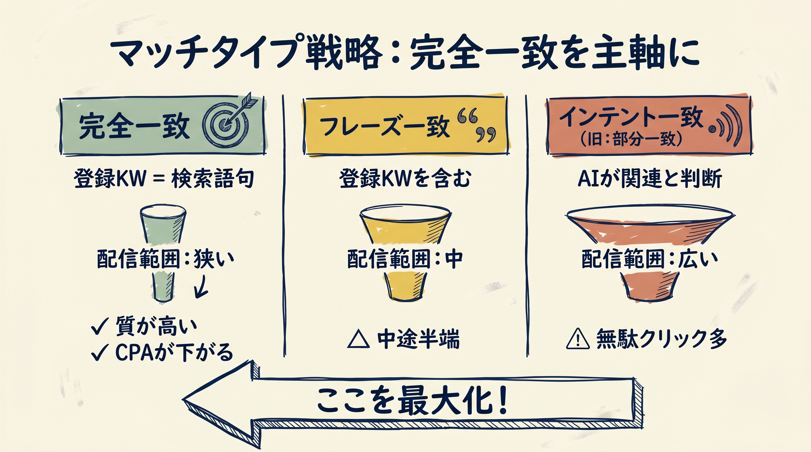 マッチタイプ戦略：完全一致・フレーズ一致・インテント一致の配信範囲と質の比較図