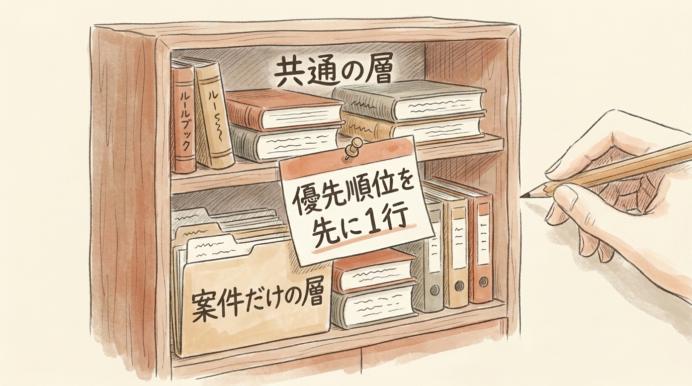 図解：共通の層と案件だけの層に分け、優先順位を先に1行書く