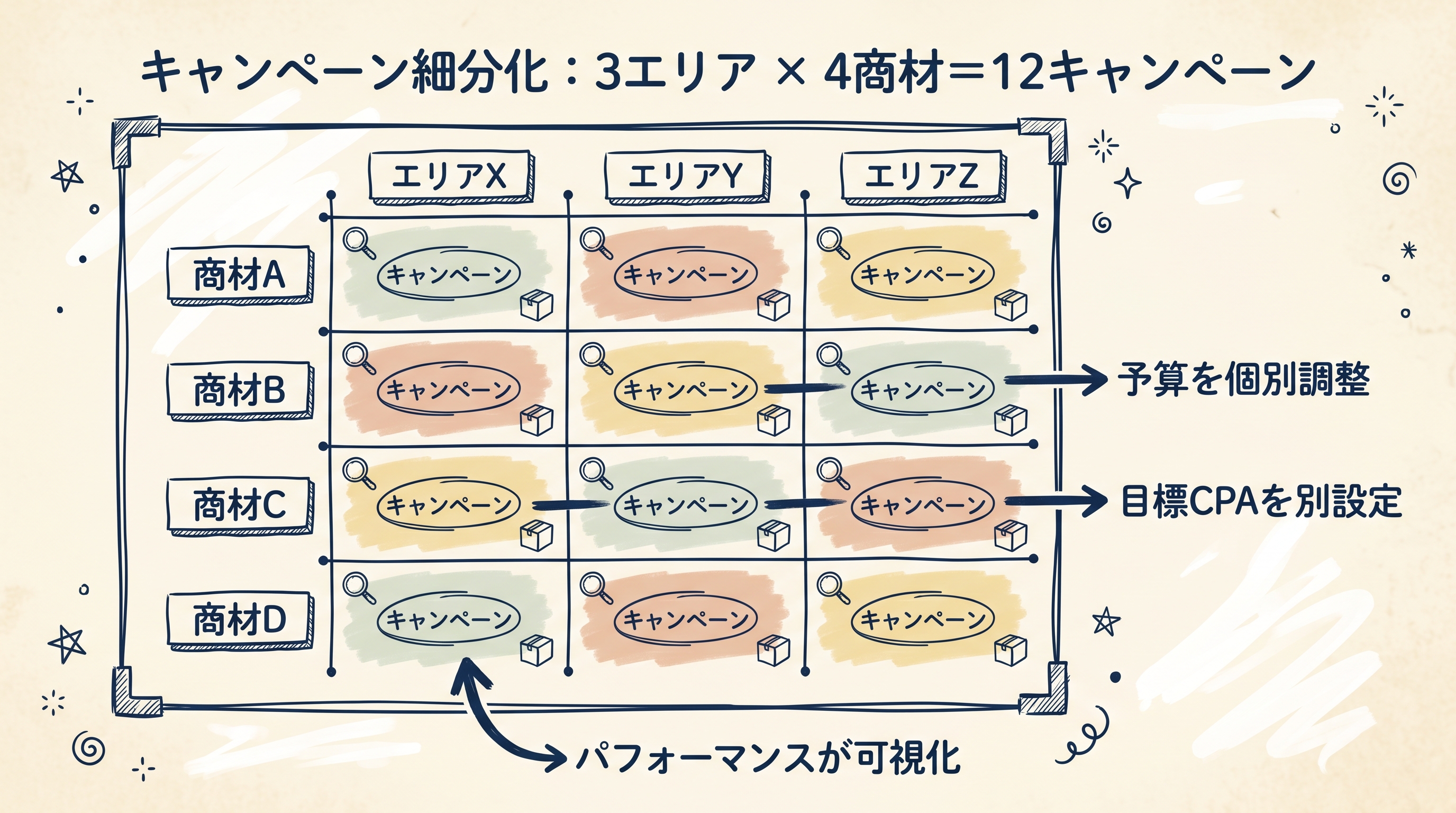キャンペーン細分化：3エリア×4商材＝12キャンペーンのマトリクス図