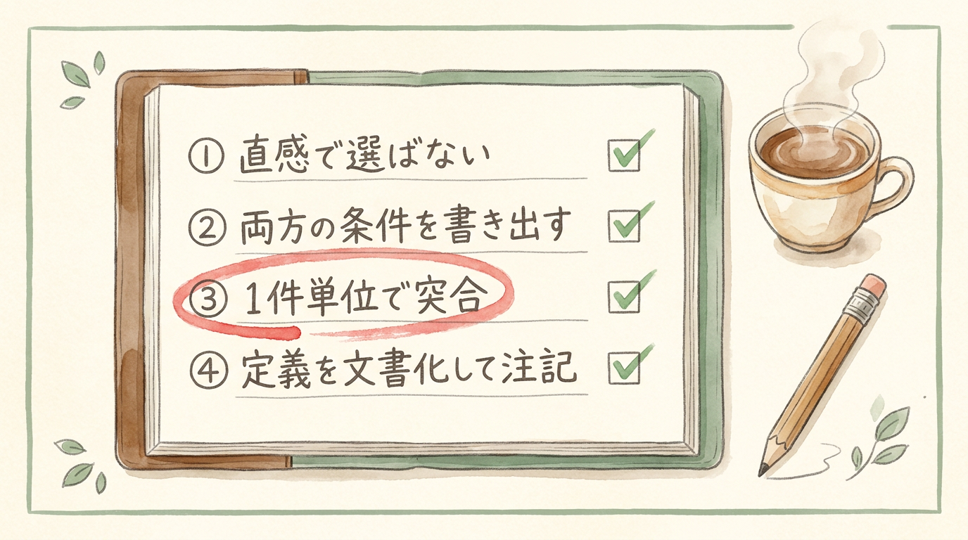 図解：数字が割れたときの4手順。鍵は1件単位の突合