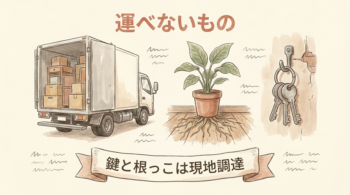 図解：運べないもの。鍵（認証）と根っこ（ローカル状態）は現地調達