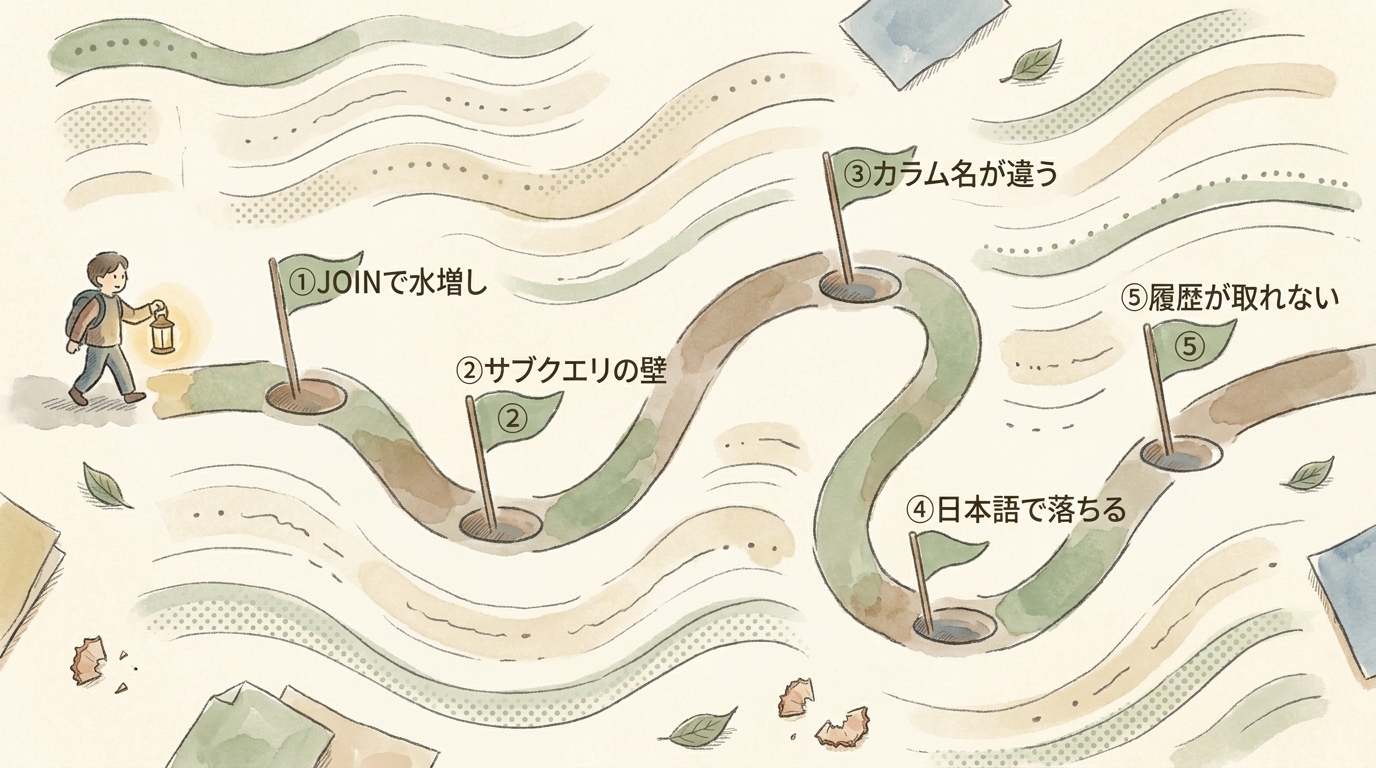 図解：5つの落とし穴マップ。JOINで水増し・サブクエリの壁・カラム名が違う・日本語で落ちる・履歴が取れない