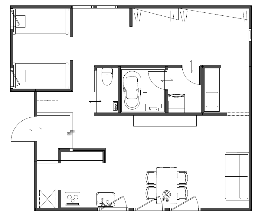 広いリビングと動線にこだわったワンルームの家 - 間取り図 1