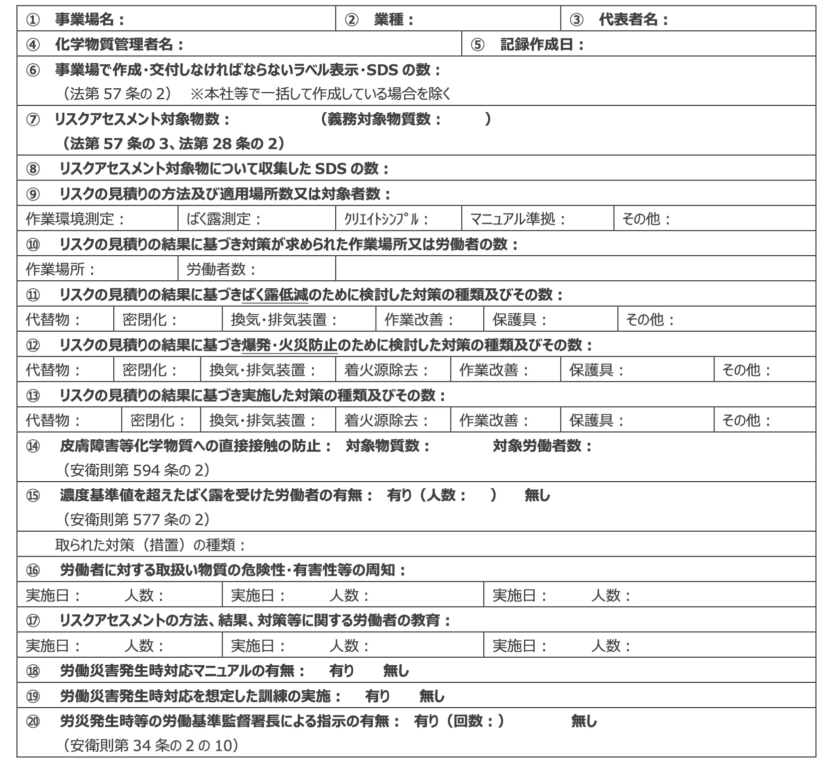 化学物質管理者が行う記録・保存のための様式の例