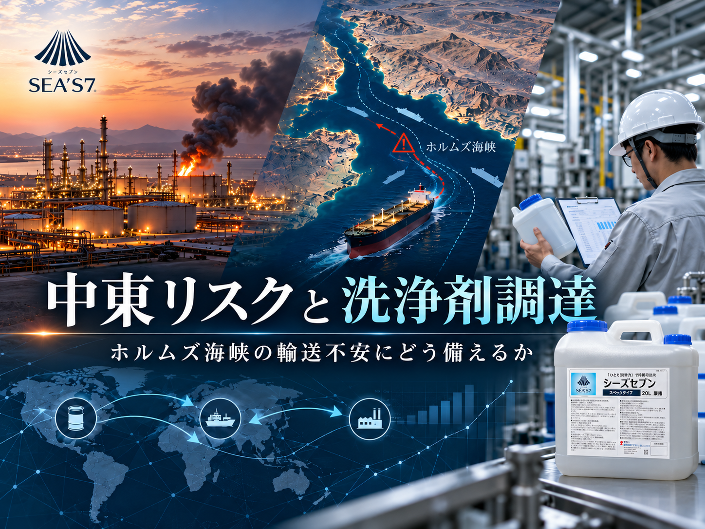 サウジアラムコへの攻撃とホルムズ海峡の輸送リスク：洗浄剤の調達で確認したいことのイメージ