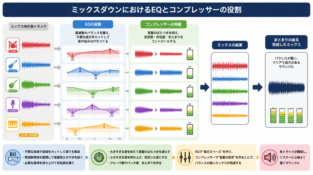ミックスダウンにおけるEQとコンプレッサーの役割