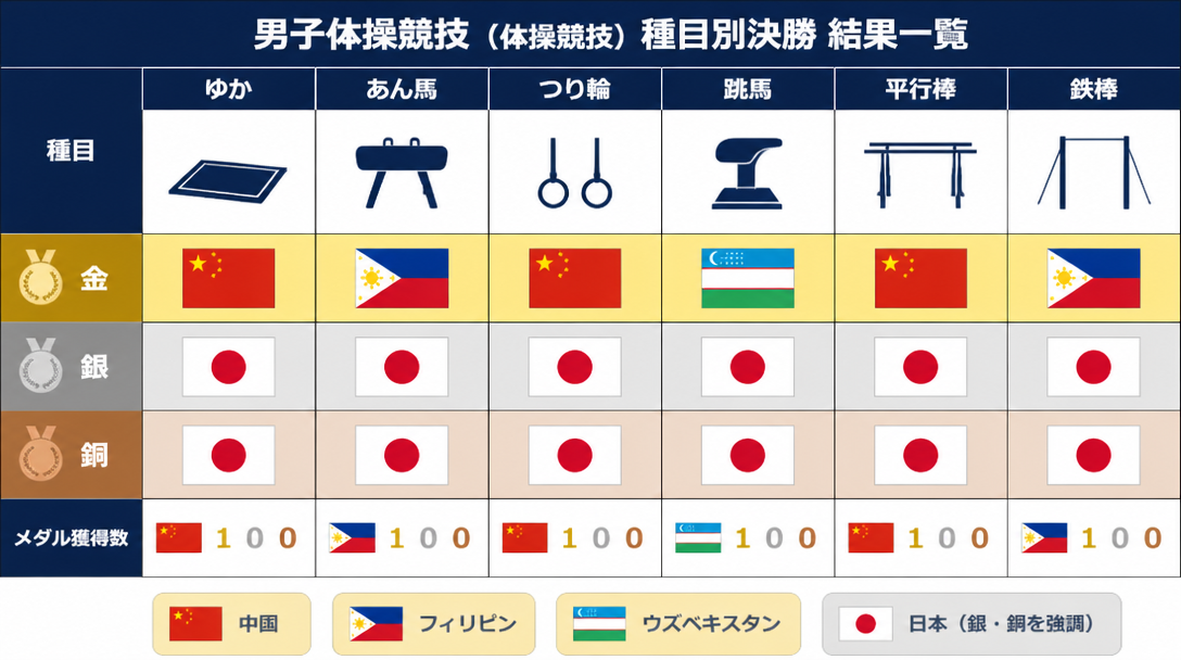 男子種目別決勝の結果一覧（9月24〜25日）