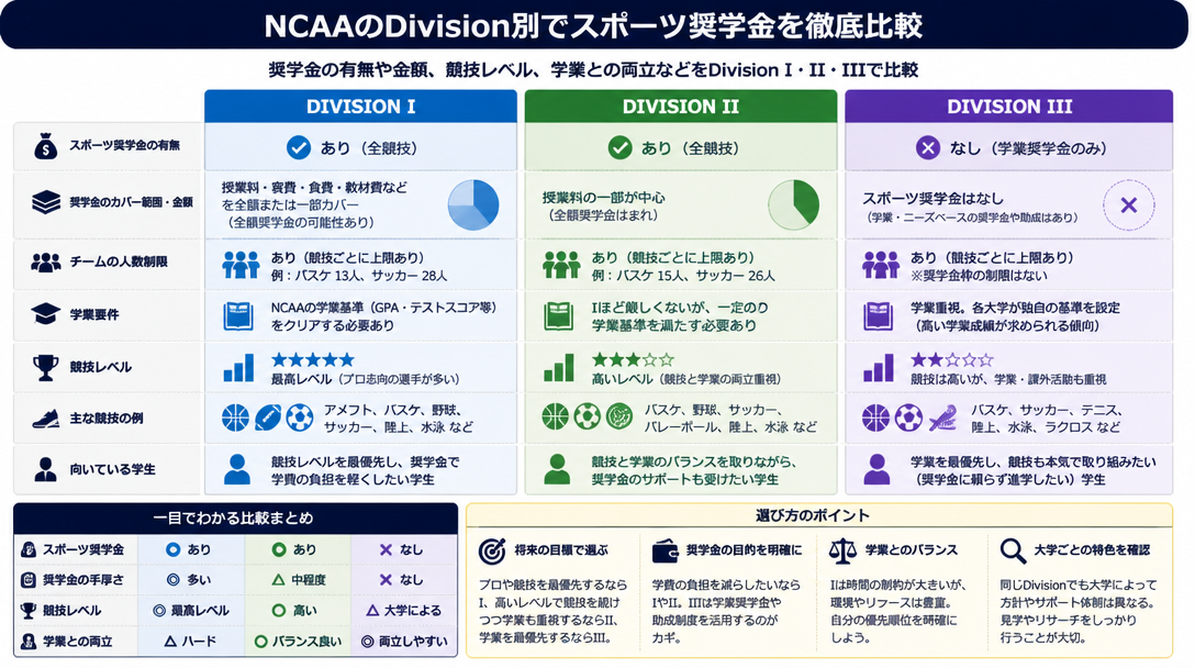 NCAAのDivision別でスポーツ奨学金を徹底比較する
