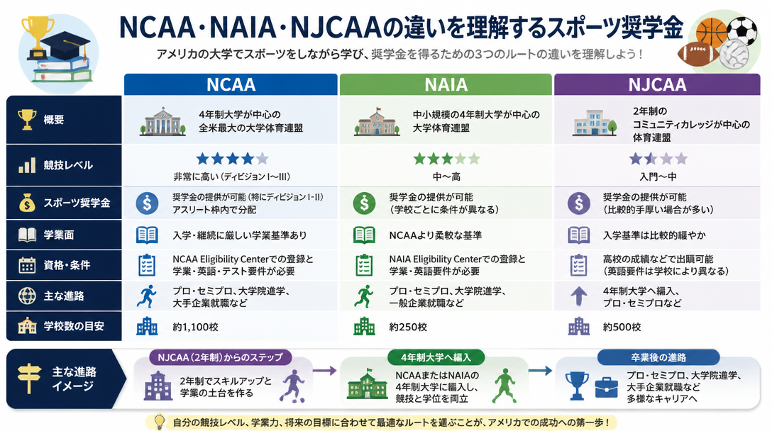 NCAA・NAIA・NJCAAの違いを理解するスポーツ奨学金