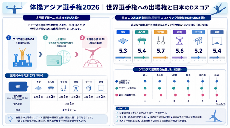 体操アジア選手権2026｜世界選手権への出場権と日本のDスコア