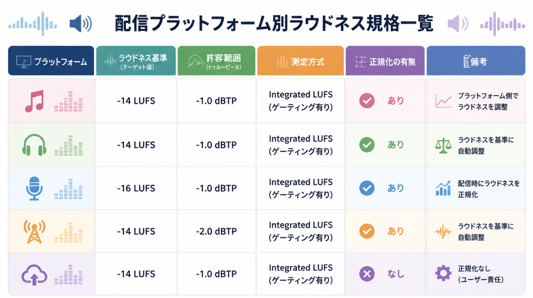 配信プラットフォーム別ラウドネス規格一覧
