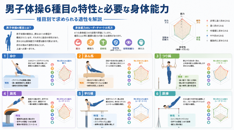 男子体操6種目の特性と必要な身体能力｜種目別で求められる適性を解説