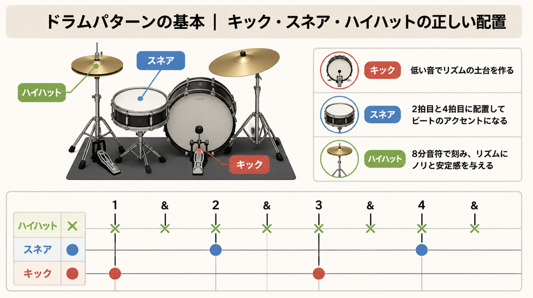 ドラムパターンの基本｜キック・スネア・ハイハットの正しい配置