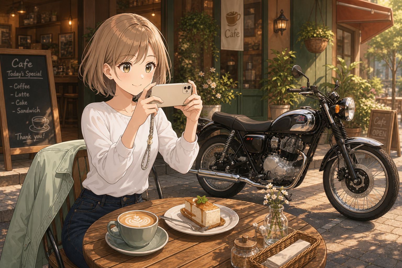 カフェでメグちゃんの写真を撮るヒマリ