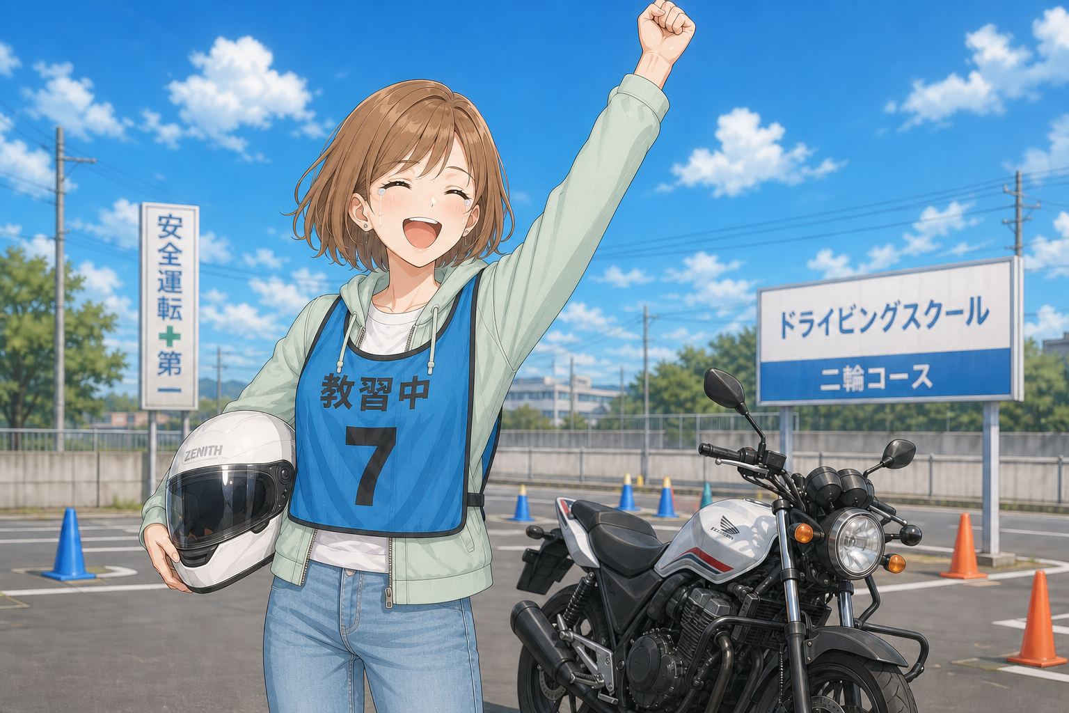 教習所でガッツポーズするヒマリ