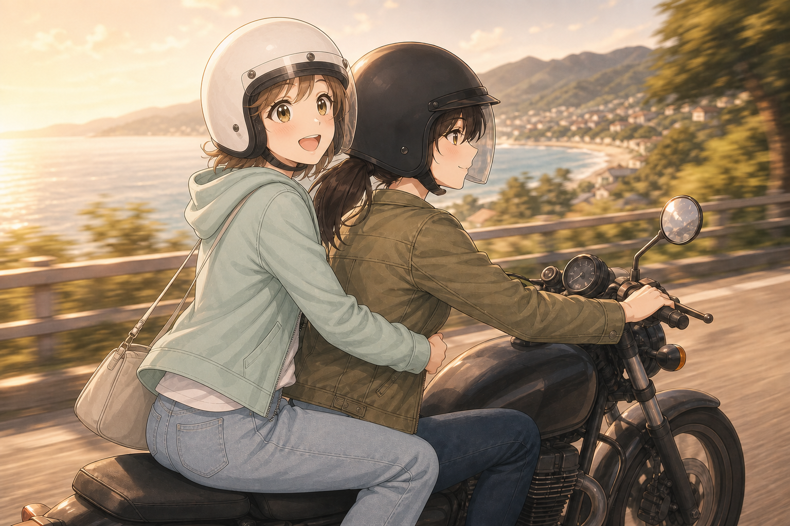 ミツキさんのバイクの後ろに乗るヒマリ