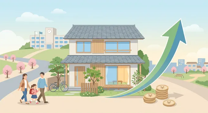 人気学区の資産価値と教育環境のメリットを表すイラスト