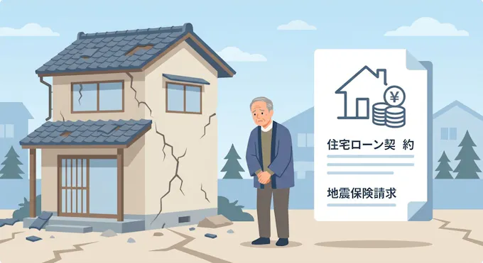 地震で被災した家と住宅ローンの契約書のイメージ