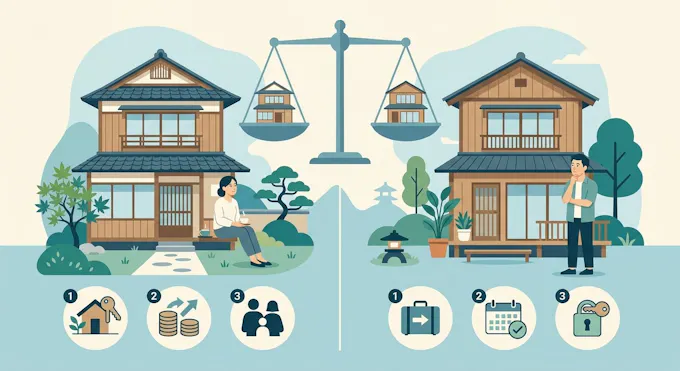購入と賃貸を比較する住まい選びのイラスト