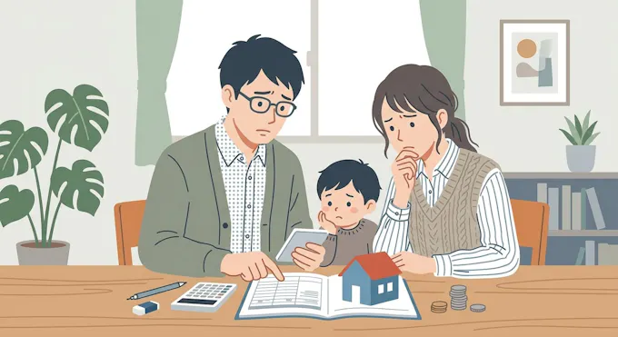 学区にこだわりすぎて予算に悩む家族のイラスト