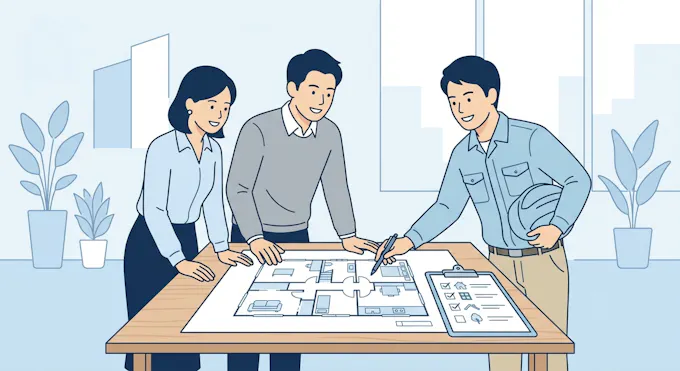 家づくりの計画を確認する家族のイメージ