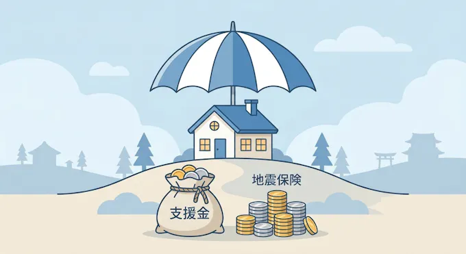 公的支援金と地震保険で住まいを守るイメージ