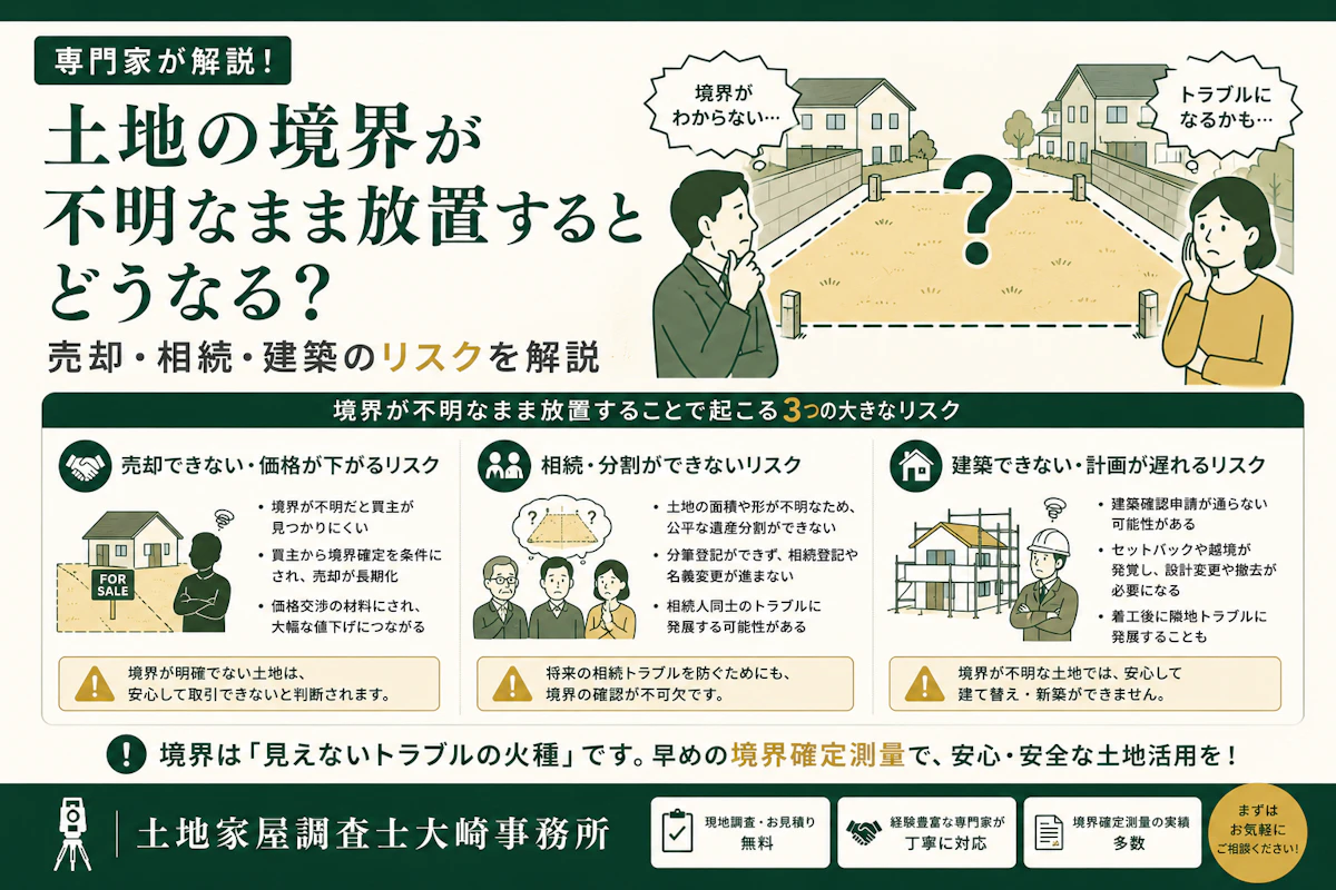 土地の境界が不明なまま放置するとどうなる？売却・相続・建築のリスクを解説