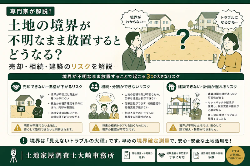 土地の境界が不明なまま放置するとどうなる?売却・相続・建築のリスクを解説