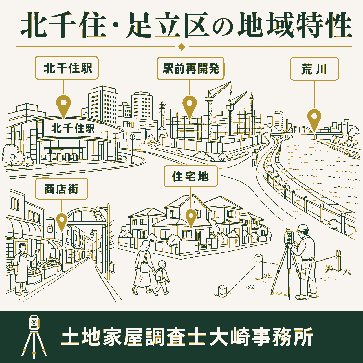 北千住の土地家屋調査士|駅前再開発エリアの境界確定事情の地域の特徴を示す図解
