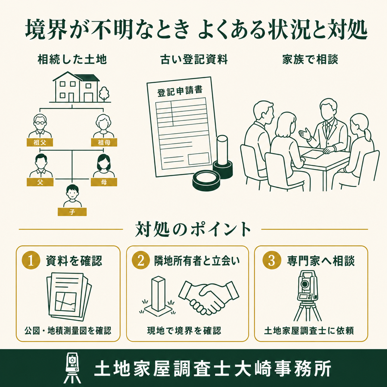 土地の境界が不明なまま放置するとどうなる?売却・相続・建築のリスクを解説のよくある状況と対処を示す図解