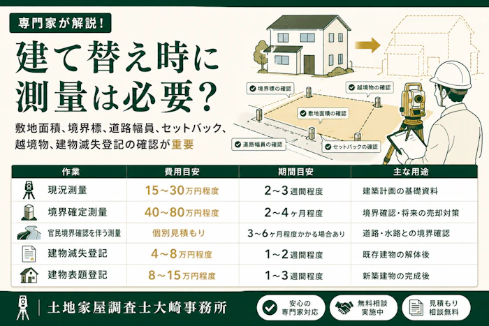 【建て替え】建て替え時に測量は必要？敷地面積、境界標、道路幅員、セットバック、越境物、建物滅失登記の確認が重要 - 足立区 土地家屋調査士大崎事務所