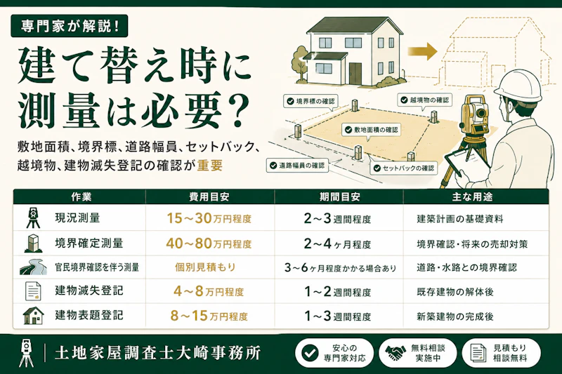 建て替え時に測量は必要?敷地面積、境界標、道路幅員、セットバック、越境物、建物滅失登記の確認が重要